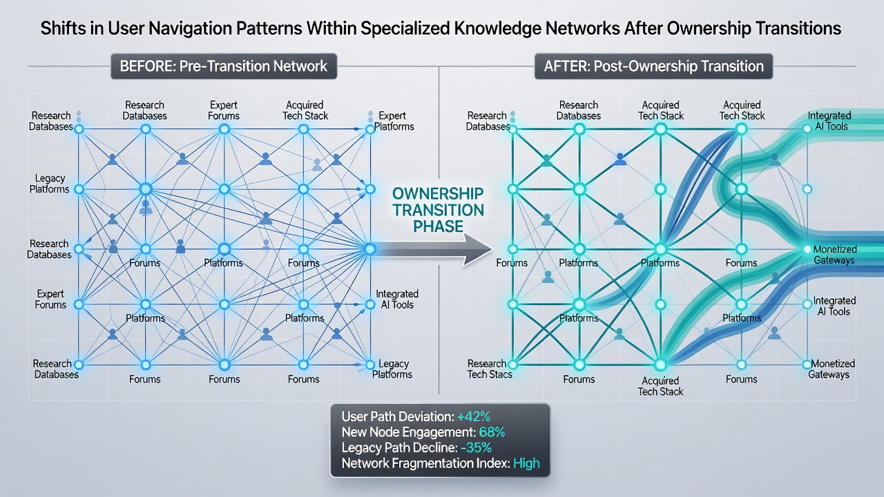 Graph depicting user navigation pattern shifts in knowledge networks post-ownership change