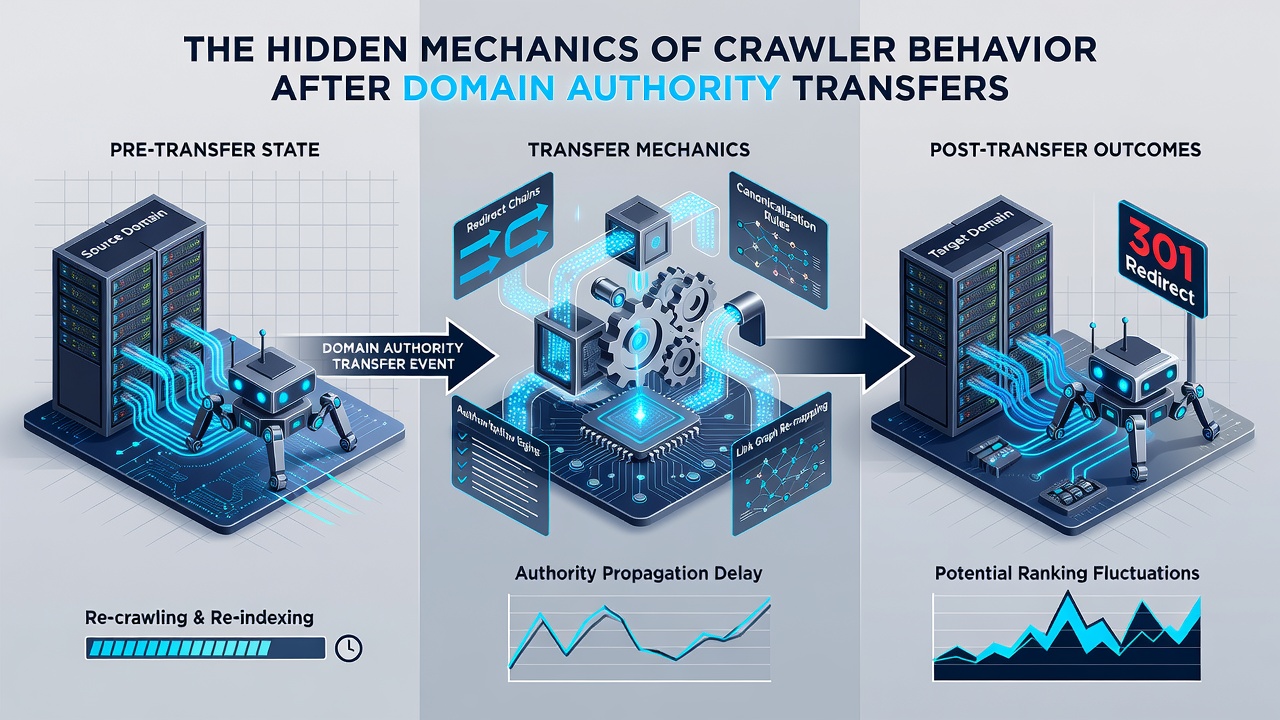 Diagram showing crawler pathways and data comparison steps after domain authority changes